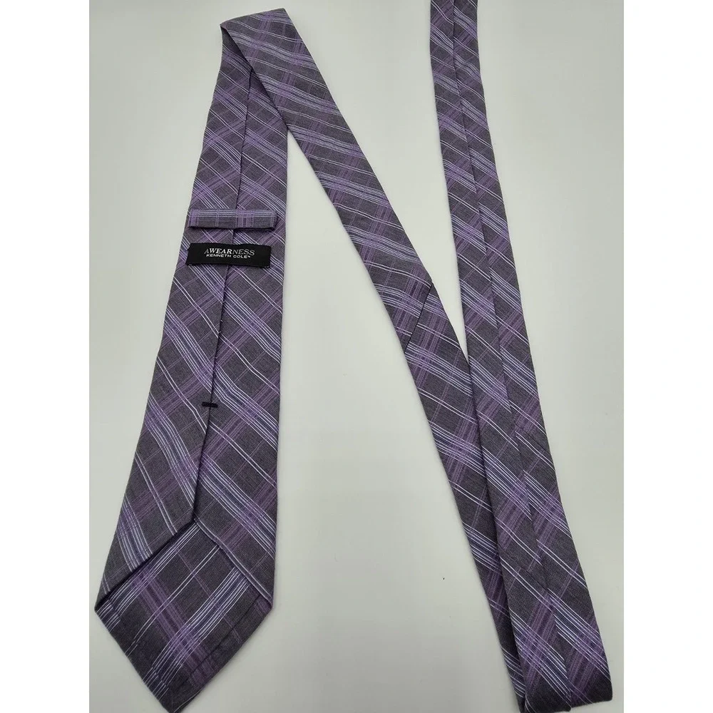 Kenneth Cole Awareness Gray Purple Plaid Pattern Designer Tie 58